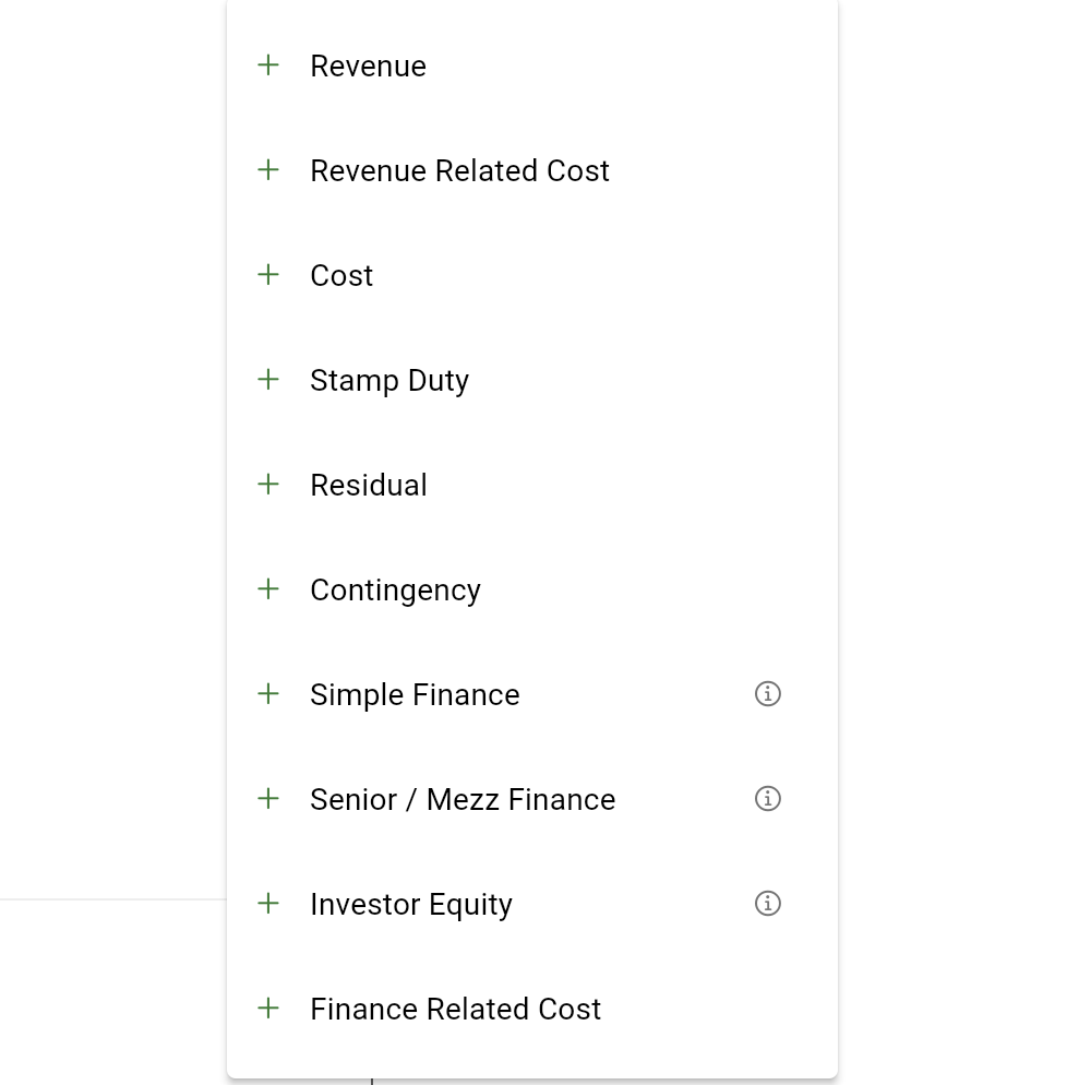 A list of available item types within DA UK's development appraisal software.
